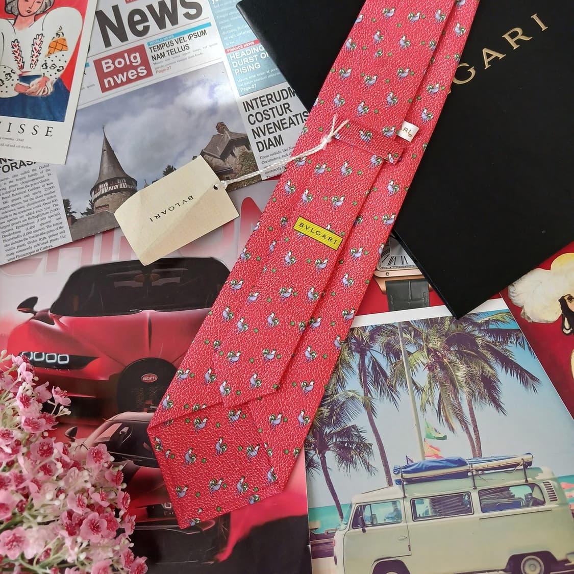 불가리 실크 레드 닭 모티브 넥타이 9.9cm 새상품 A19054
 상품이미지4