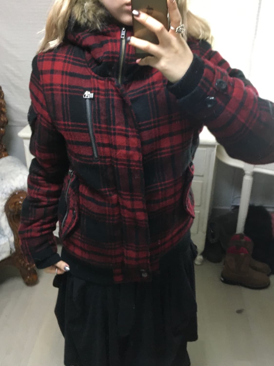 일본빈티지 레드 타탄 체크 퍼 후드 점퍼 블루종 상품이미지2