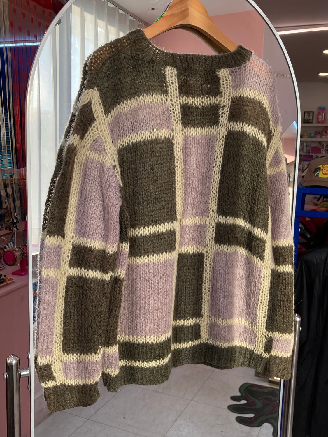 엘르 ELLE 울 카키 체크 니트 상품이미지4