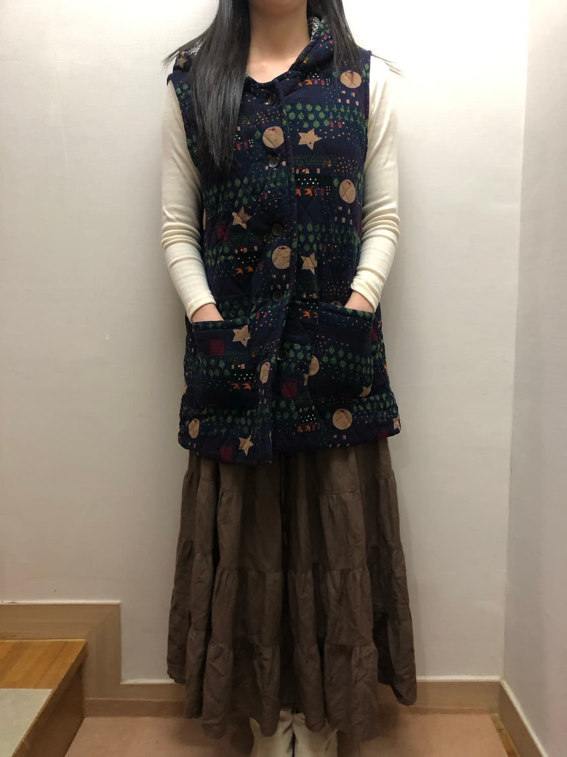 빈티지 네이비 모리걸 프린팅 베스트 패딩 상품이미지4