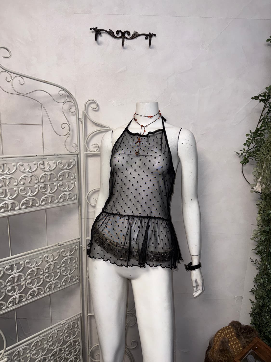 Black dot seethrough mesh halter 슬리브리스 상품이미지2