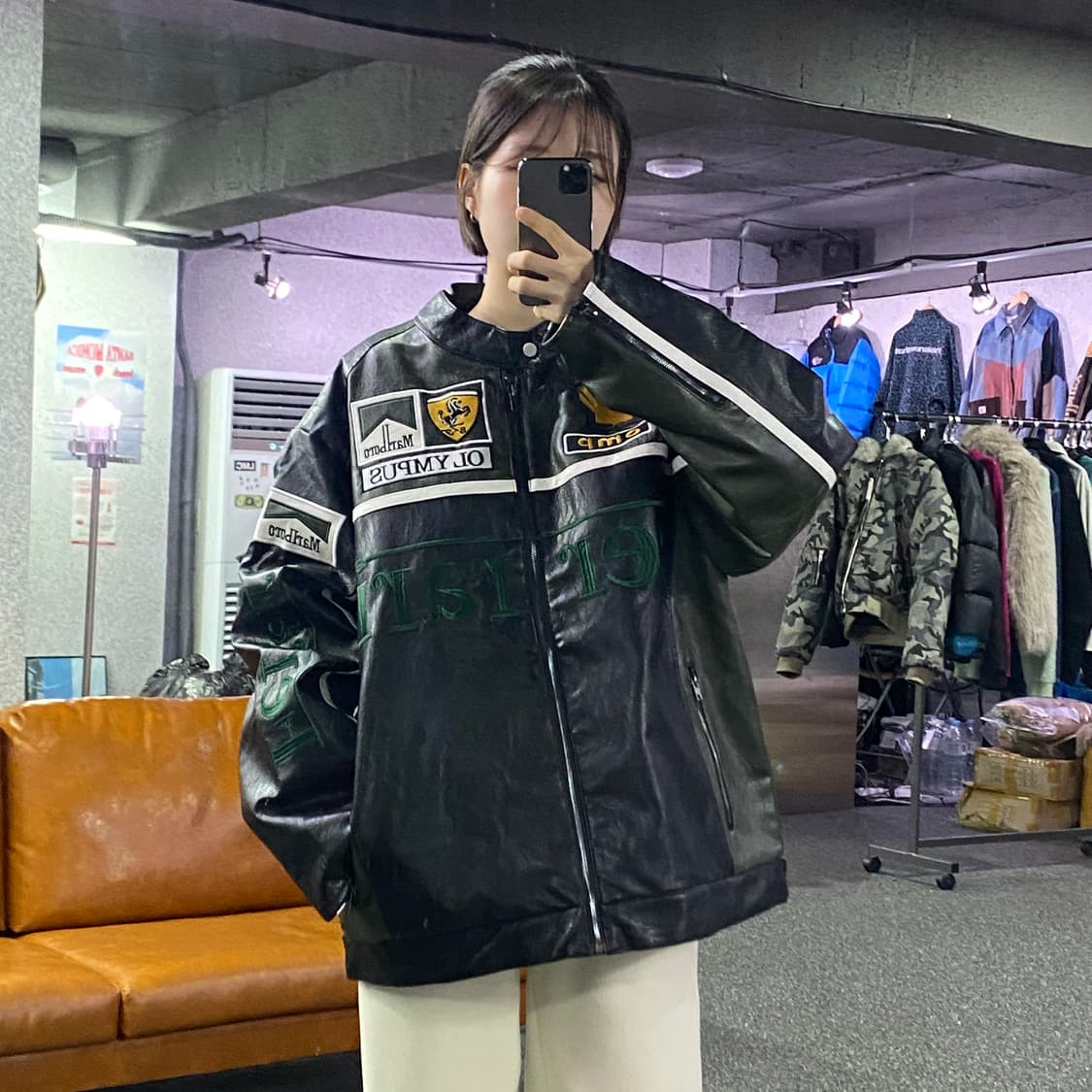 페라리 말보로 패치워크 그린 레더 레이싱 자켓 B3717 상품이미지1