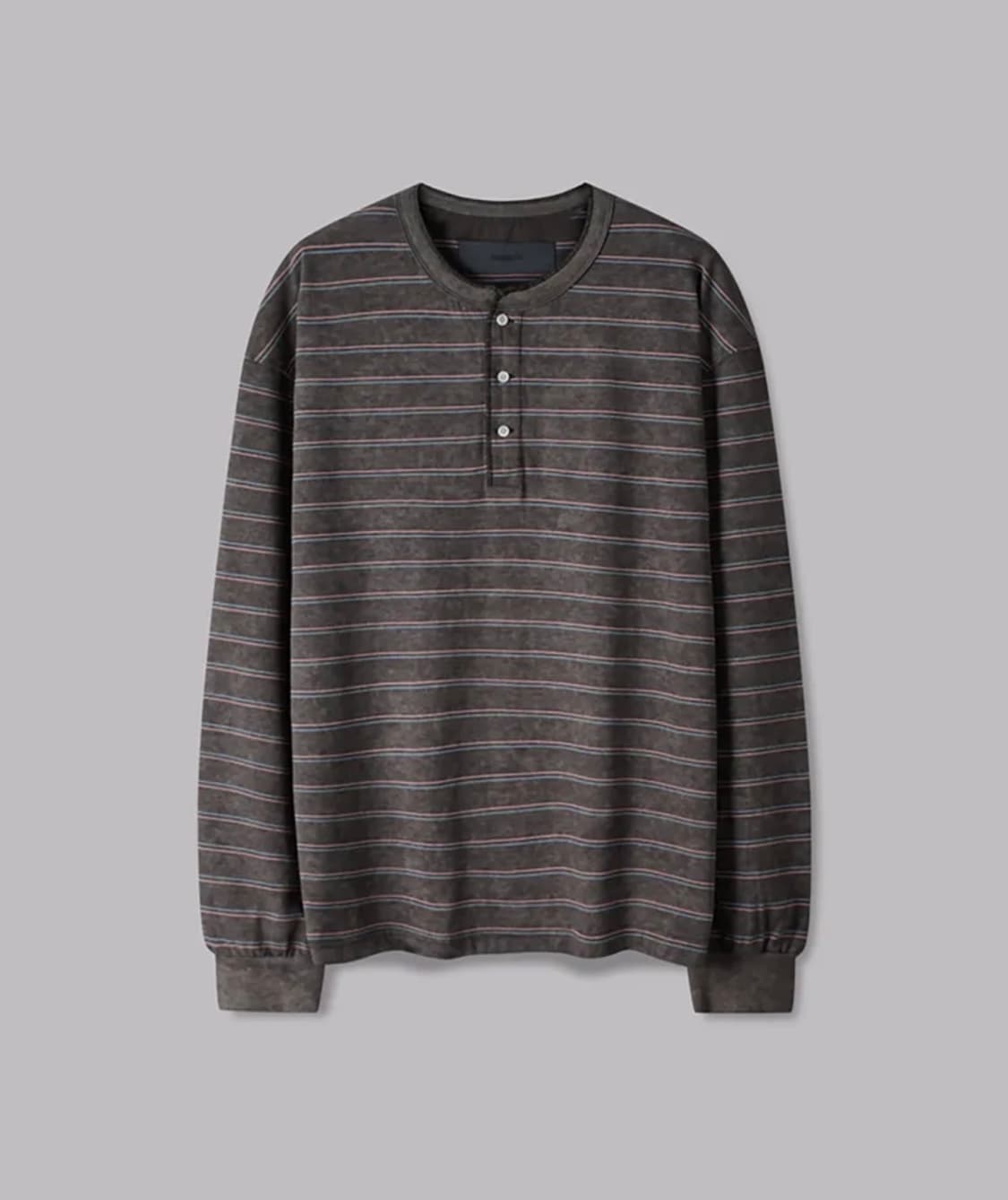 코너블레스 워시드 스트라이프 브라운 헨리넥 롱슬리브 상품이미지1
