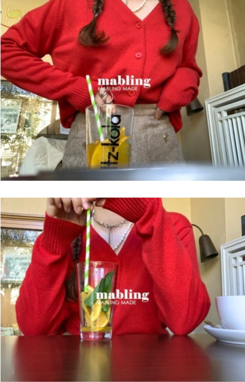 (새상품) 마블링 캐시미어 브이넥 가디건 레드 상품이미지3