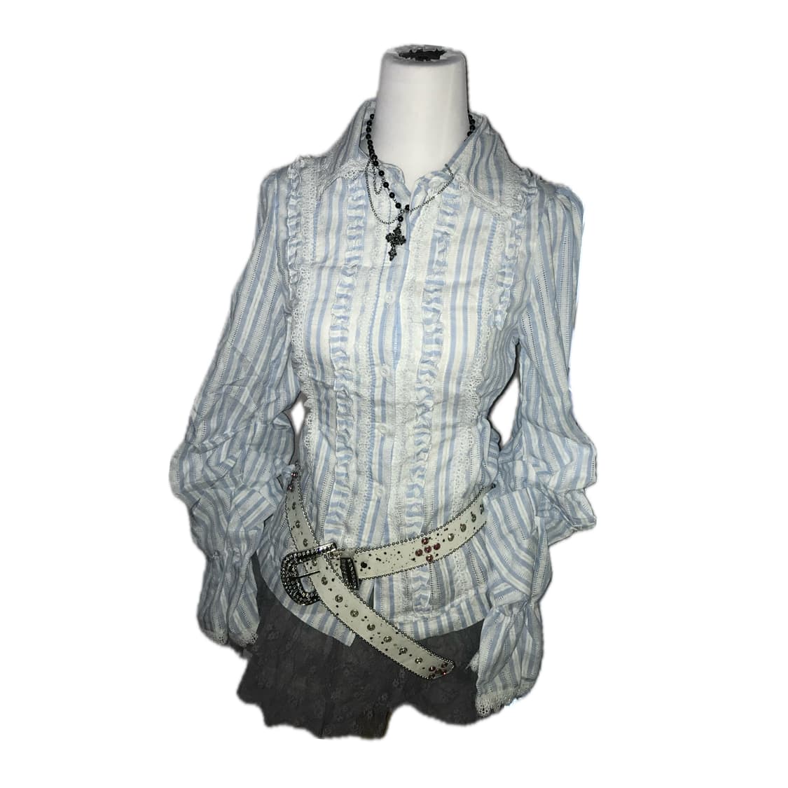 페미닌 블루 스트라이프 프릴 블라우스 + 벨트 코디 상품이미지1