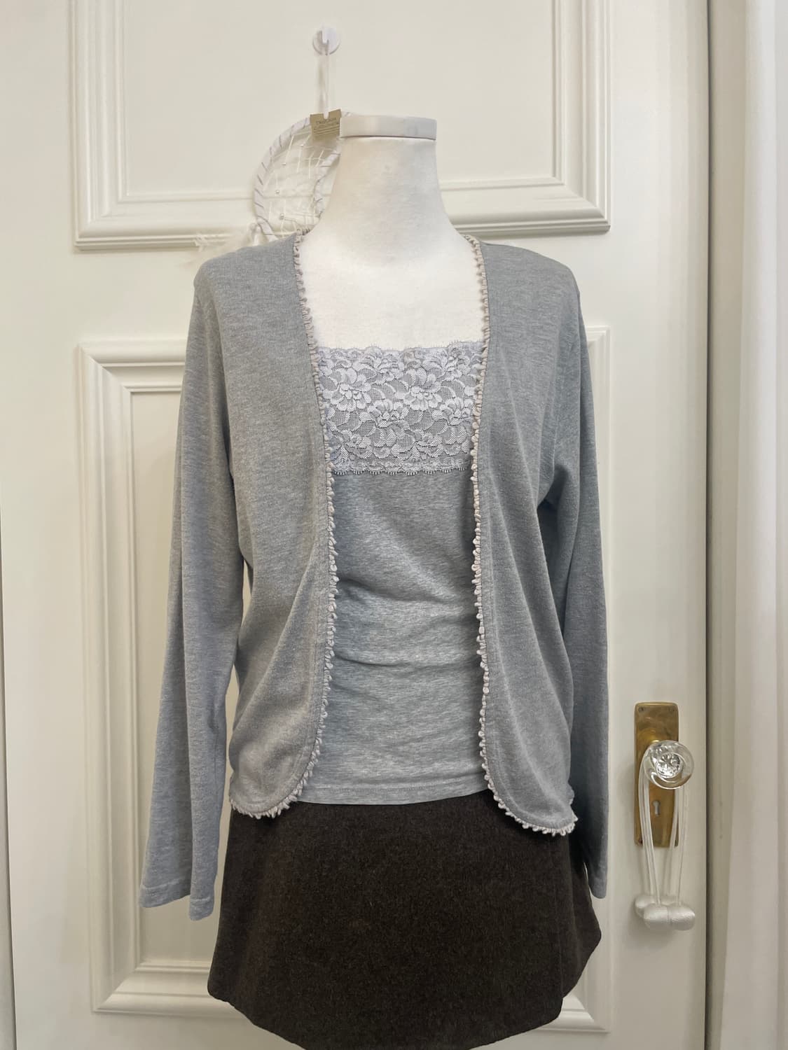 gray cotton open cardigan&lace sleeveles 상품이미지5