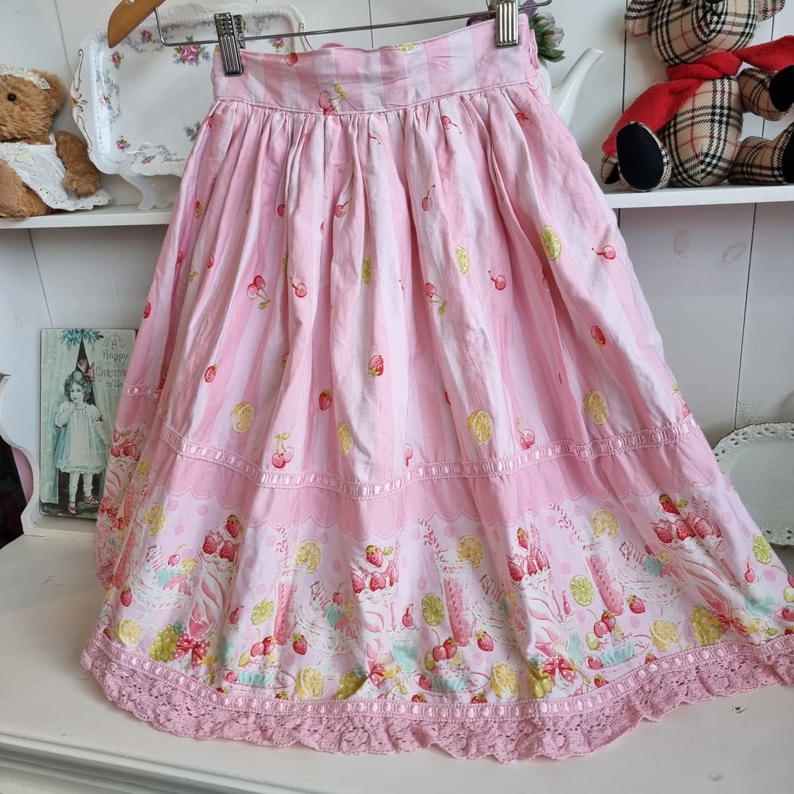 핑크 스트라이프 과일 패턴 레이스 스커트 상품이미지3