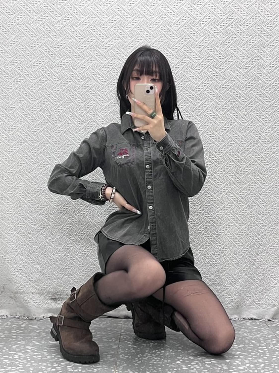 푸부 올드스쿨 레트로 스트릿 슬림핏 흑청 데님셔츠 95 C11063 상품이미지1