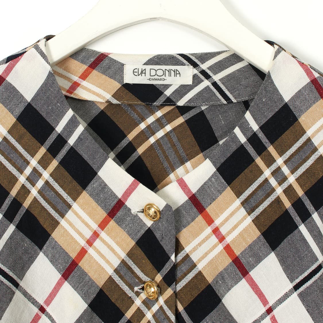 일본 빈티지 체크 인견 골드 버튼 라운드 넥 반팔 블라우스 상품이미지2