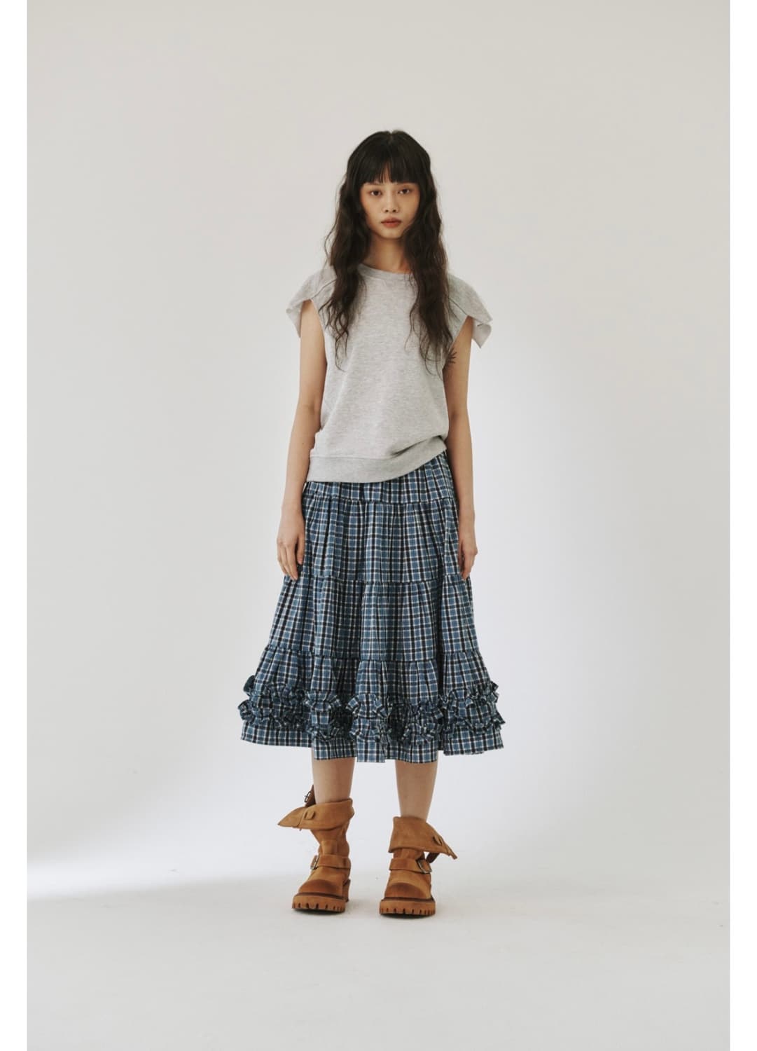 플리즈프로젝트) Middle Frill Skirt Blue Check F 상품이미지1