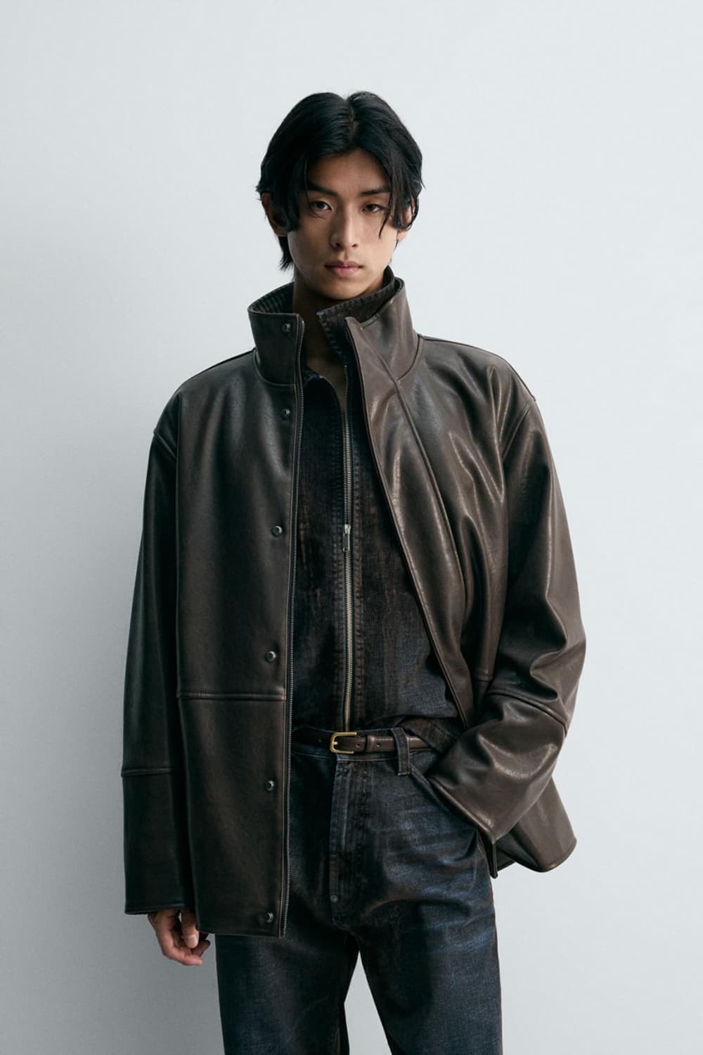 자라 페이크 레더 배색 하이넥 가죽자켓 L 상품이미지4