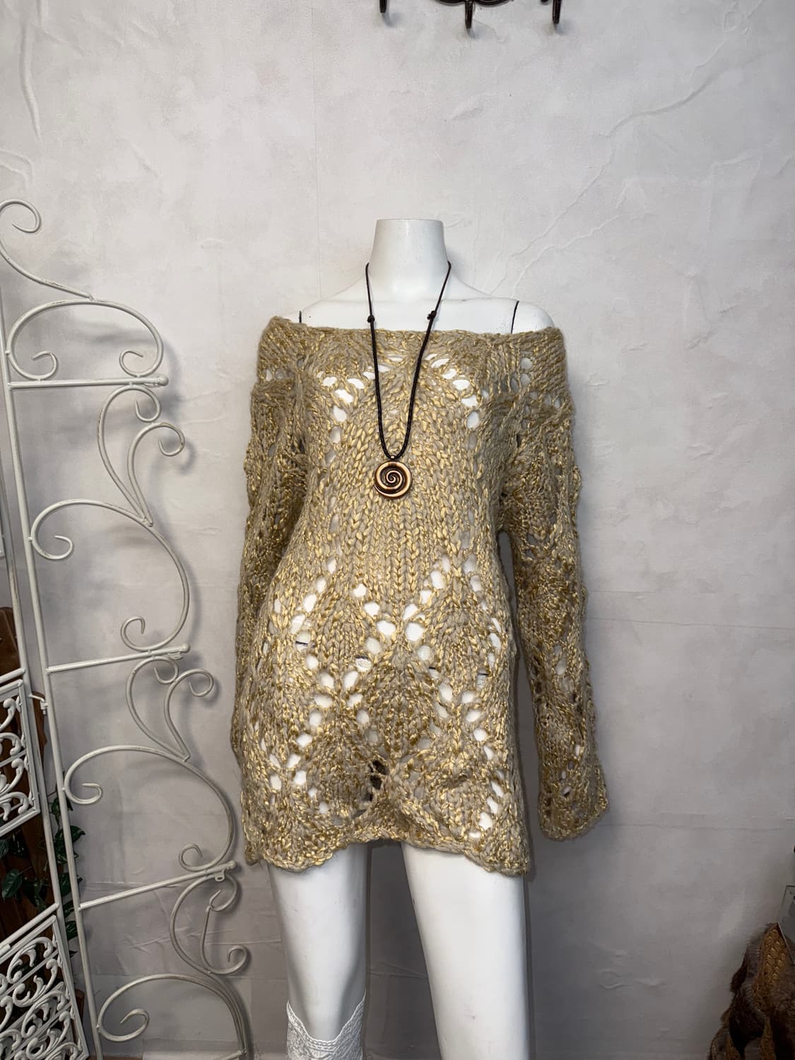 OPEN YY argyle pointelle pullover beige  상품이미지5