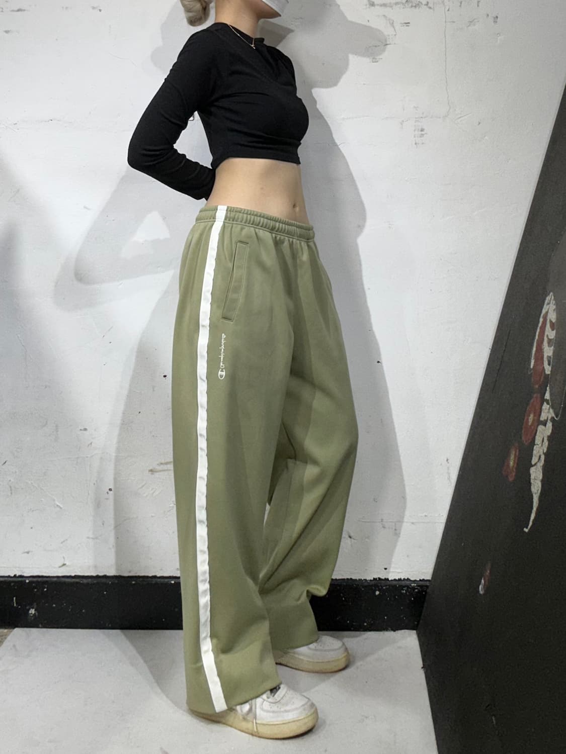 챔피온 카키 화이트 사이드 라인 와이드 추리닝 바지 트레이닝 팬츠 M 상품이미지1