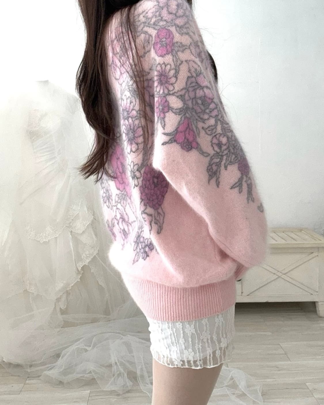 Baby pink wool flower knit top 상품이미지3