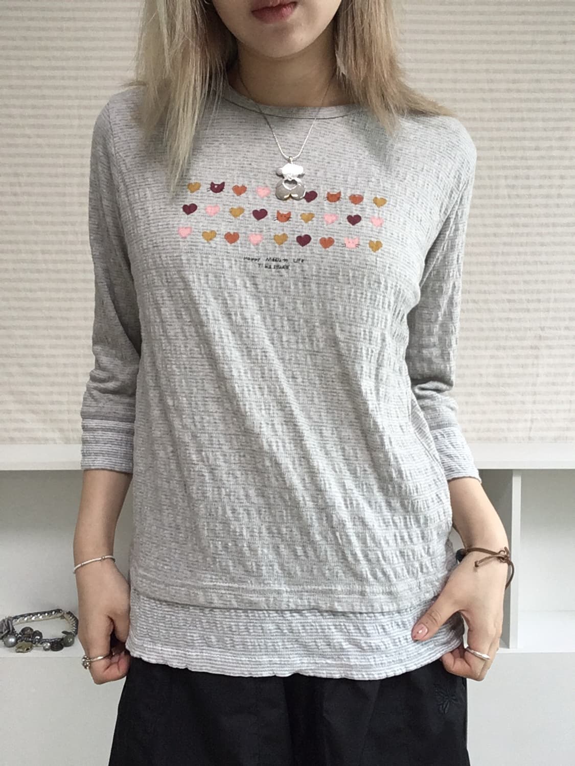 jpn vintage gray stripe cat printing t 상품이미지3