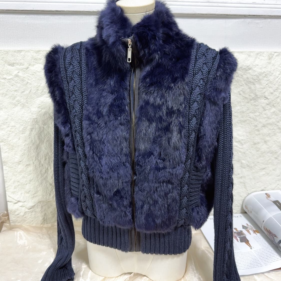 빈티지 네이비블루 꽈배기 토끼털니트자켓 가디건 상품이미지1