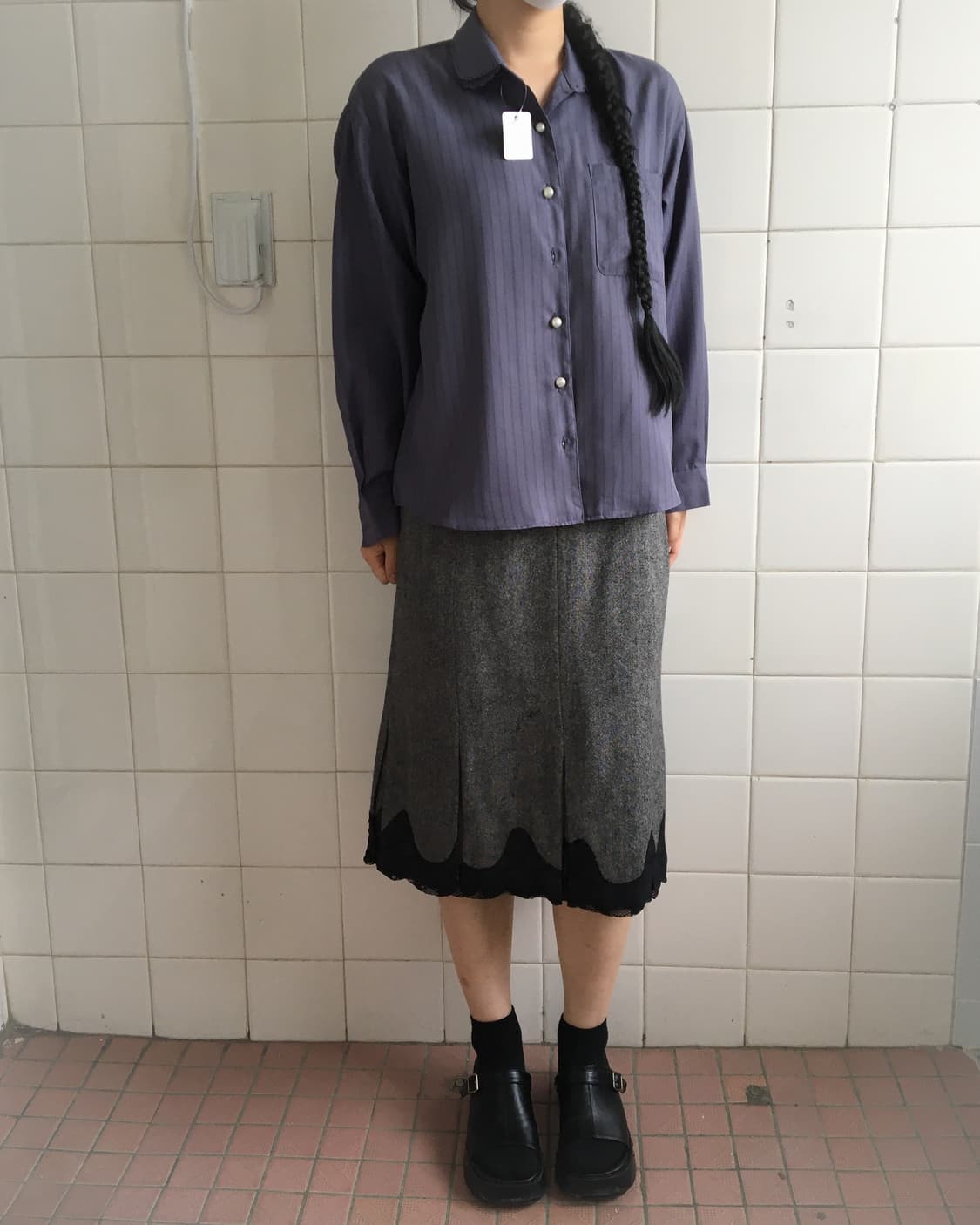 Lace trimming woolen pleats midi skirt 상품이미지4