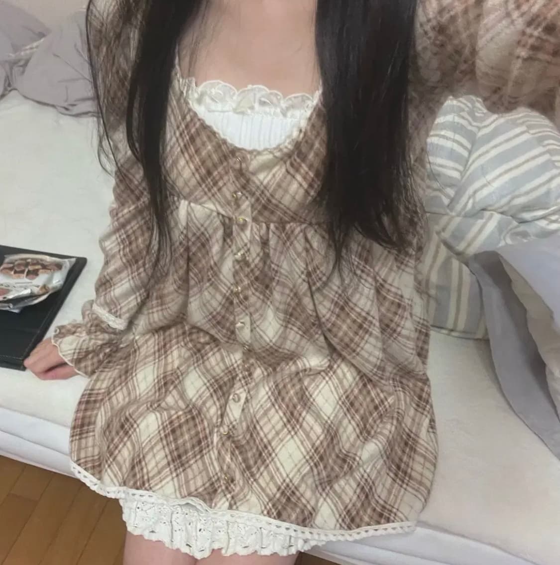 리즈리사 라떼갸루 체크 레이스 튜닉 원피스 짜잔씨 상품이미지2