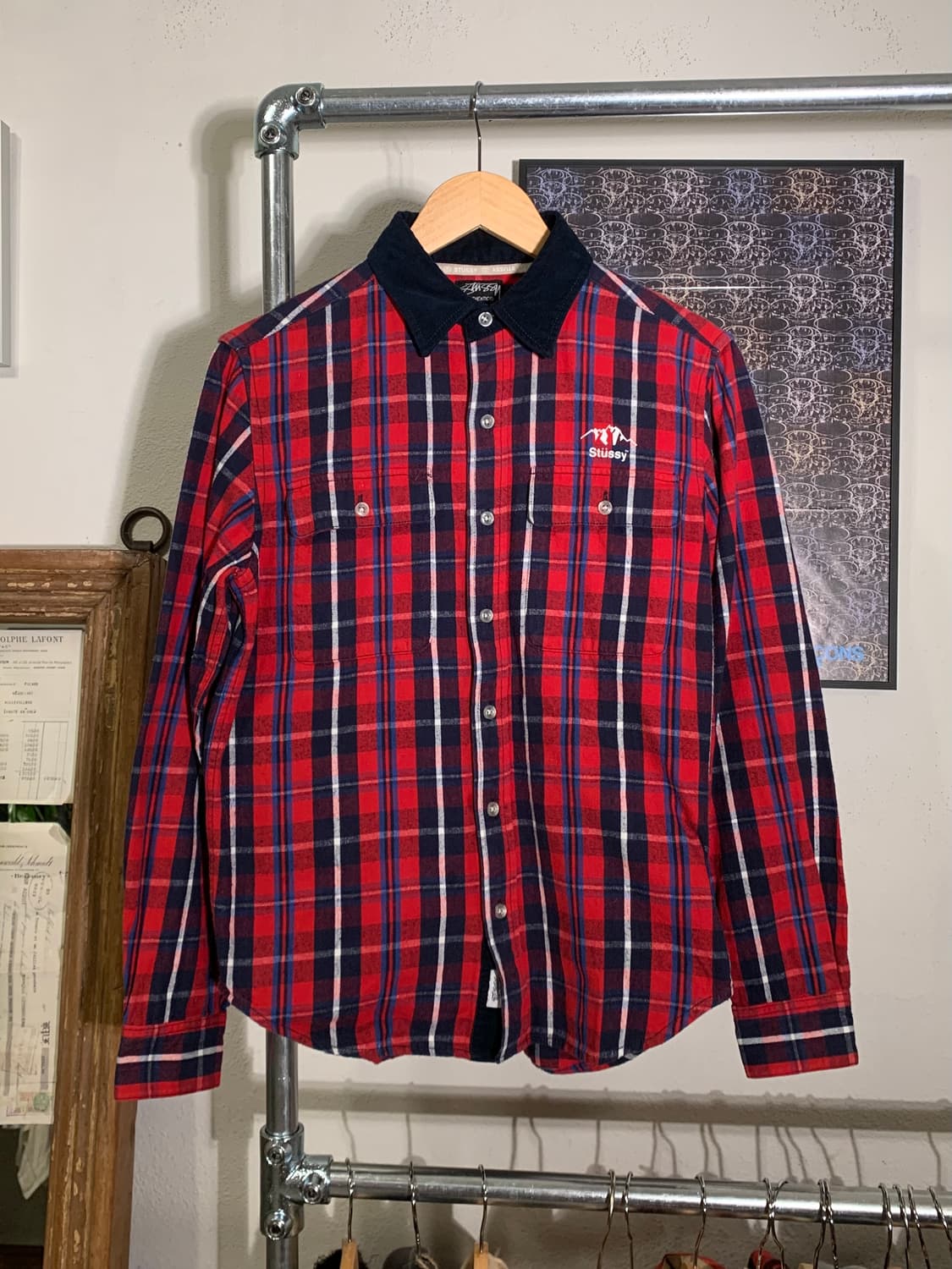 00’s stussy 코듀로이 카라 엘보우패치 체크 패턴 마운틴 셔츠 상품이미지2