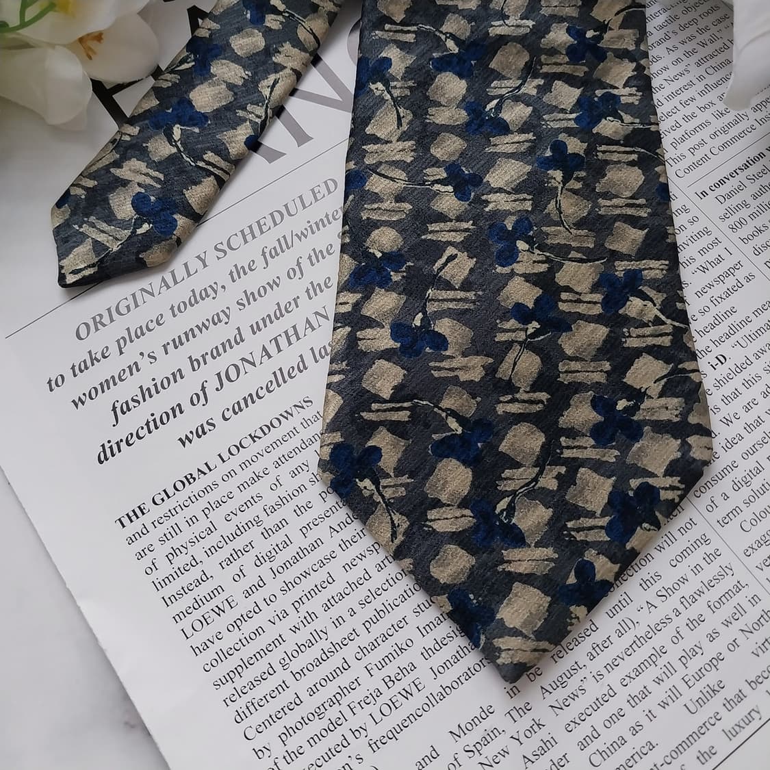 니노 세루티 실크 네이비 플라워 패턴 넥타이 9.3cm A등급 K1212 상품이미지3