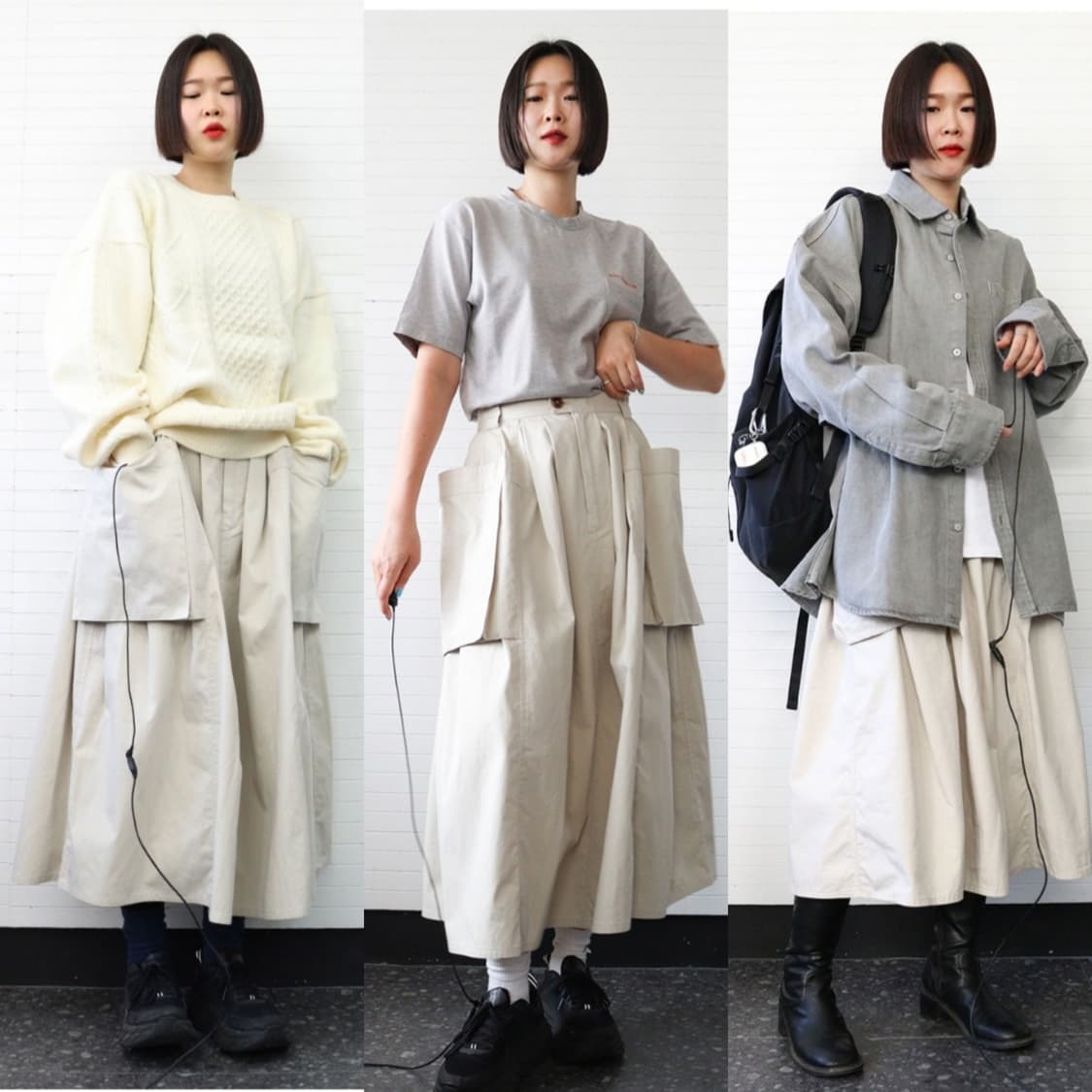 유니크한 아이보리 포켓 워크 롱스커트 상품이미지2