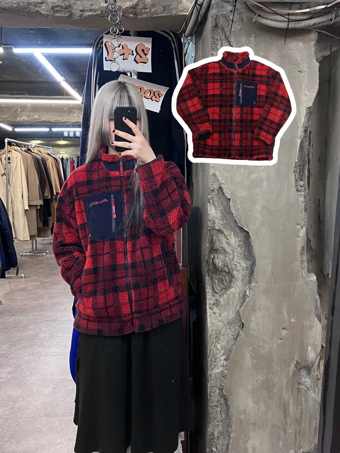 에디바우어 타탄 체크 플리스 자켓 레드 M  #csz3451 상품이미지1