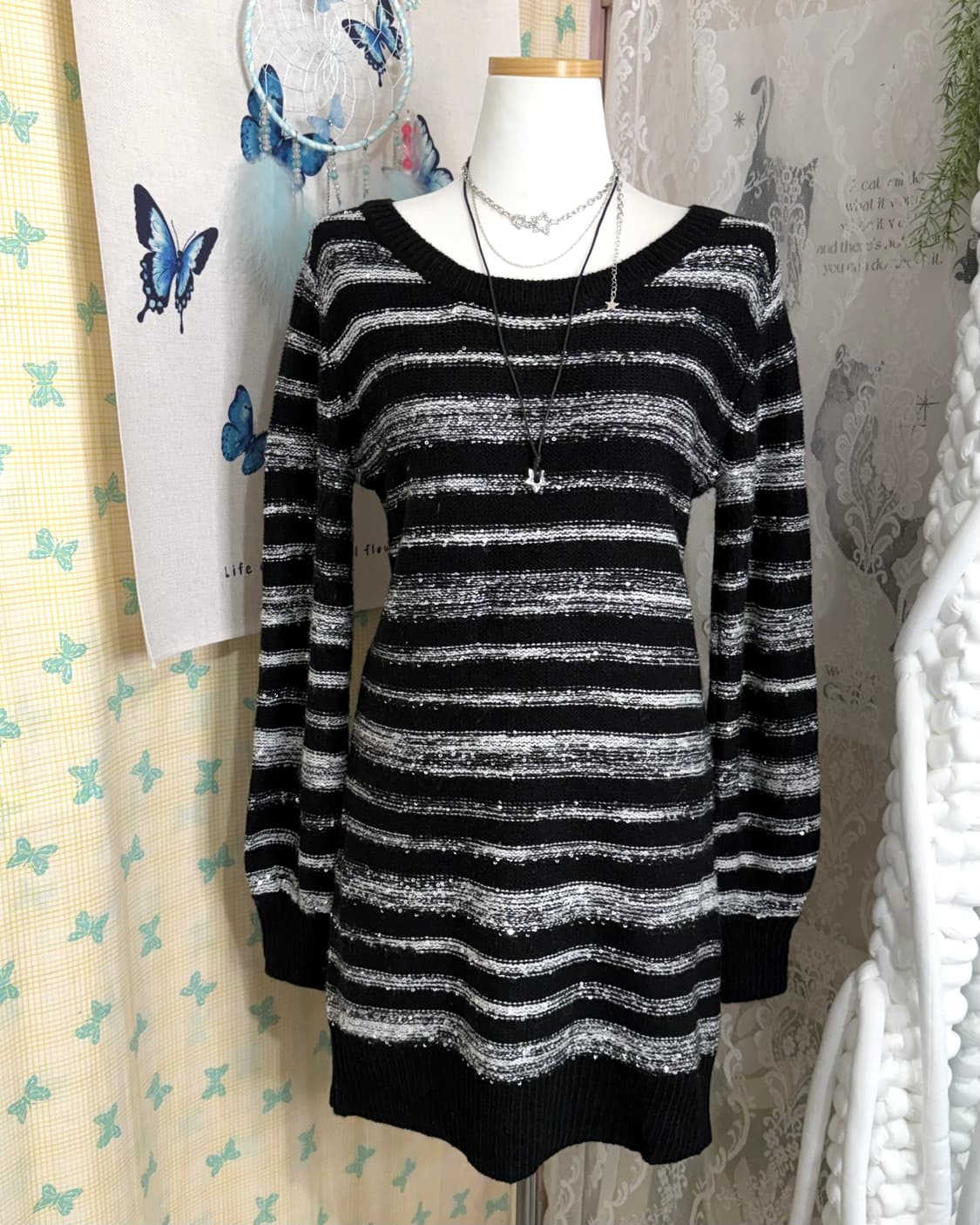 블랙 & 화이트 스팽글 니트 미니 원피스 상품이미지6