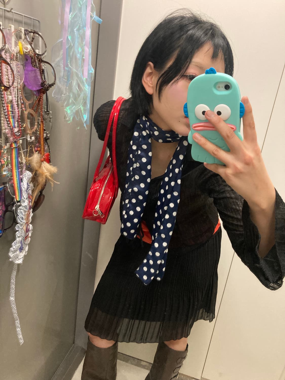 긱시크 고딕펑크 갸루 지뢰계 슬리브리스 시스루 가디건 레드 유광 숄더백  상품이미지1