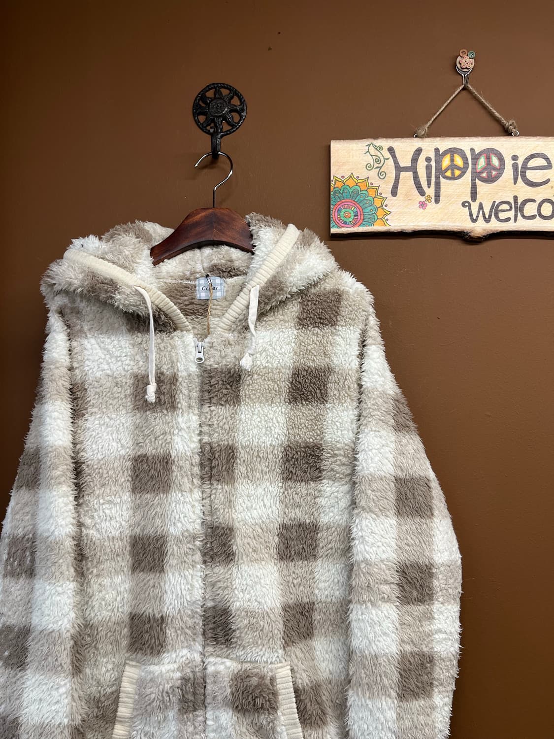 일본무드 체크 패턴 아이보리 플리스 후드집업 상품이미지2