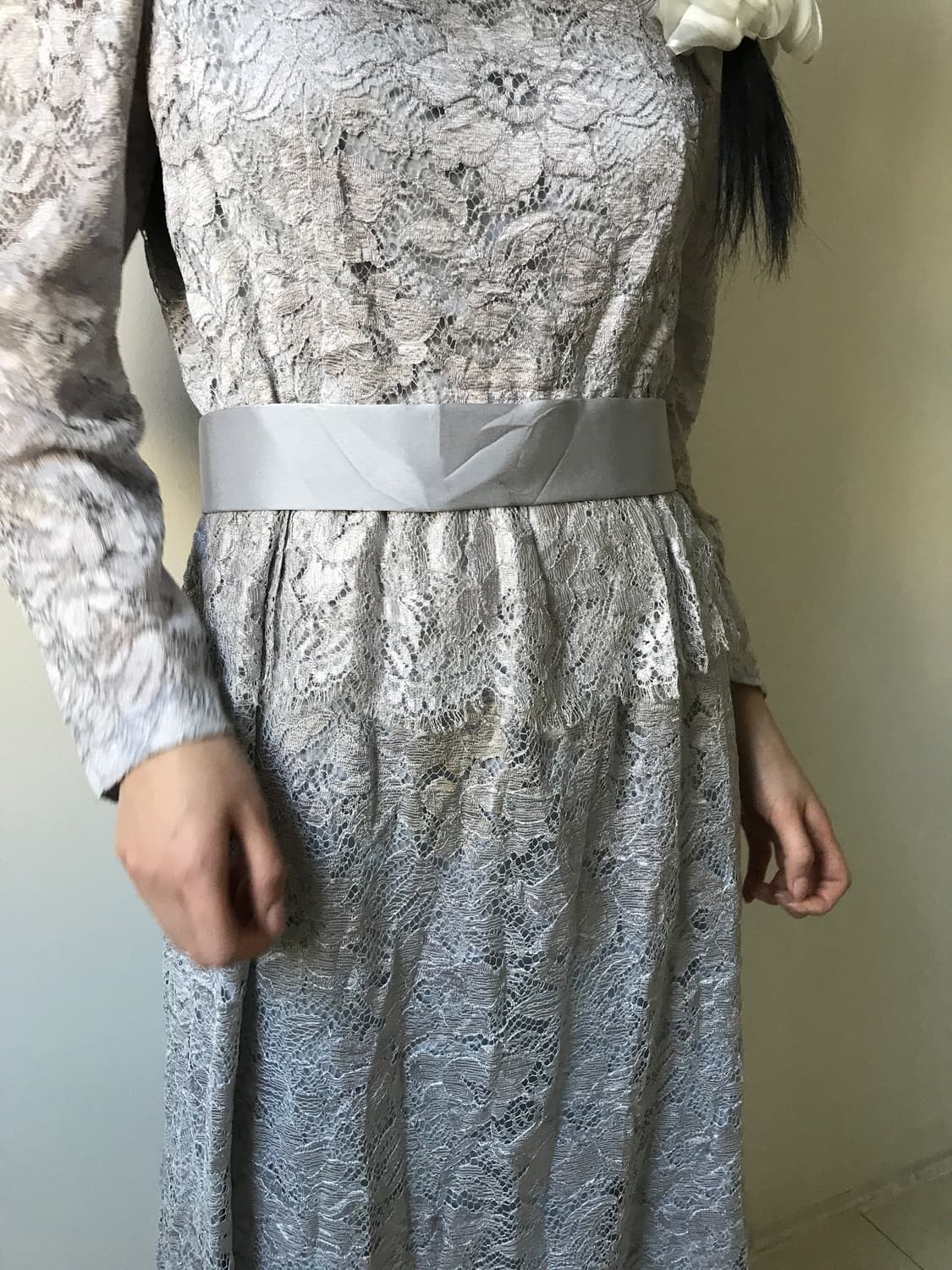 Lace embroidery silver belted dress 상품이미지9