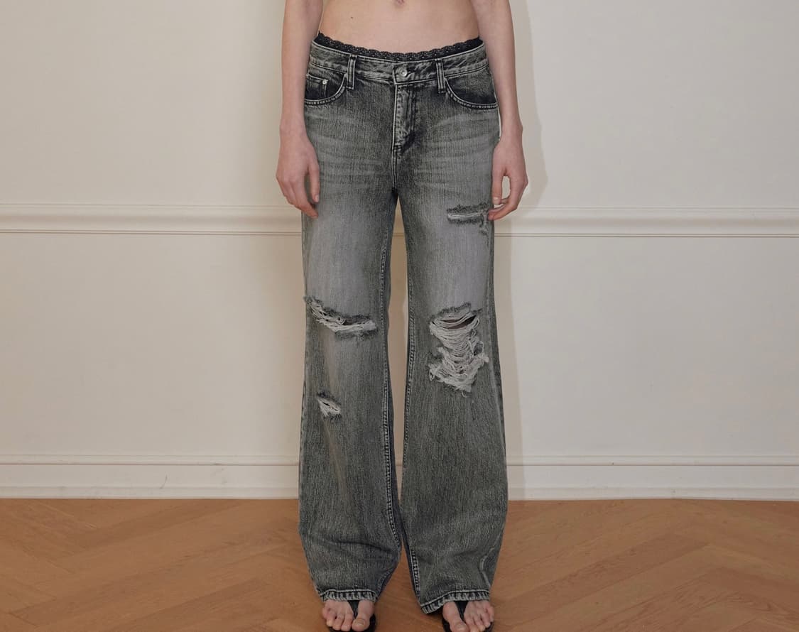 bohemseHIGHLIGHT DAMAGE WIDE PANTS, GRAY 상품이미지1