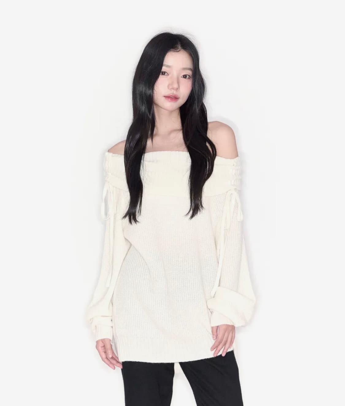 알키알카 Shirring Off-shoulder Knit (Ivory) 상품이미지1