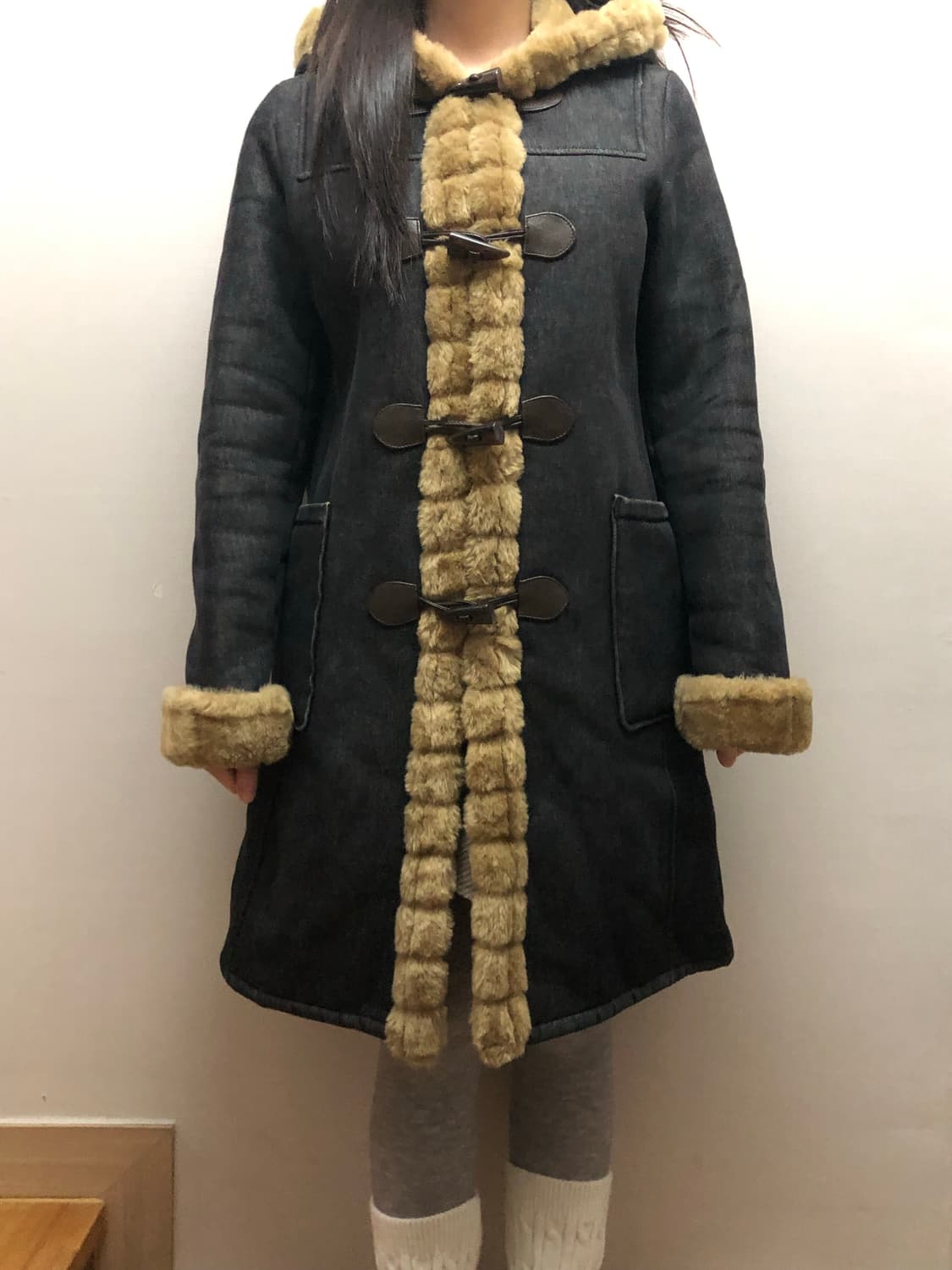 빈티지 블랙 베이지 퍼 더플 코트 상품이미지1