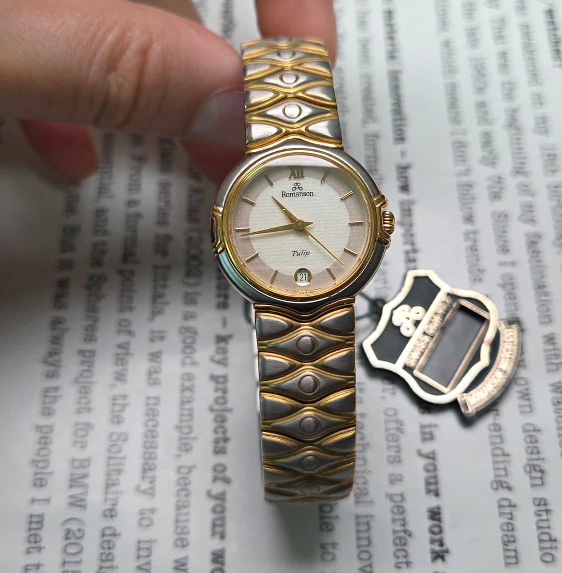 데드스탁] 빈티지 로만손 튤립 투톤 스파클 다이얼 칼침핸즈 쿼츠 여성용 상품이미지1