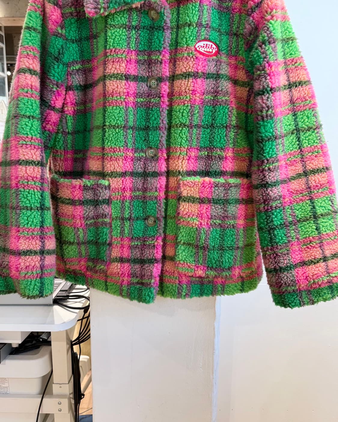 오일릴리 핑크 그린 체크 아크릴 플리스 자켓  상품이미지6