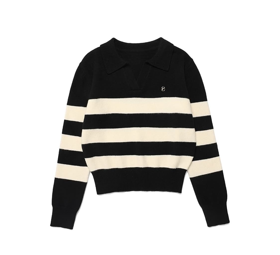 로라로라 스트라이프 오픈카라 블랙 울 니트 F 상품이미지2