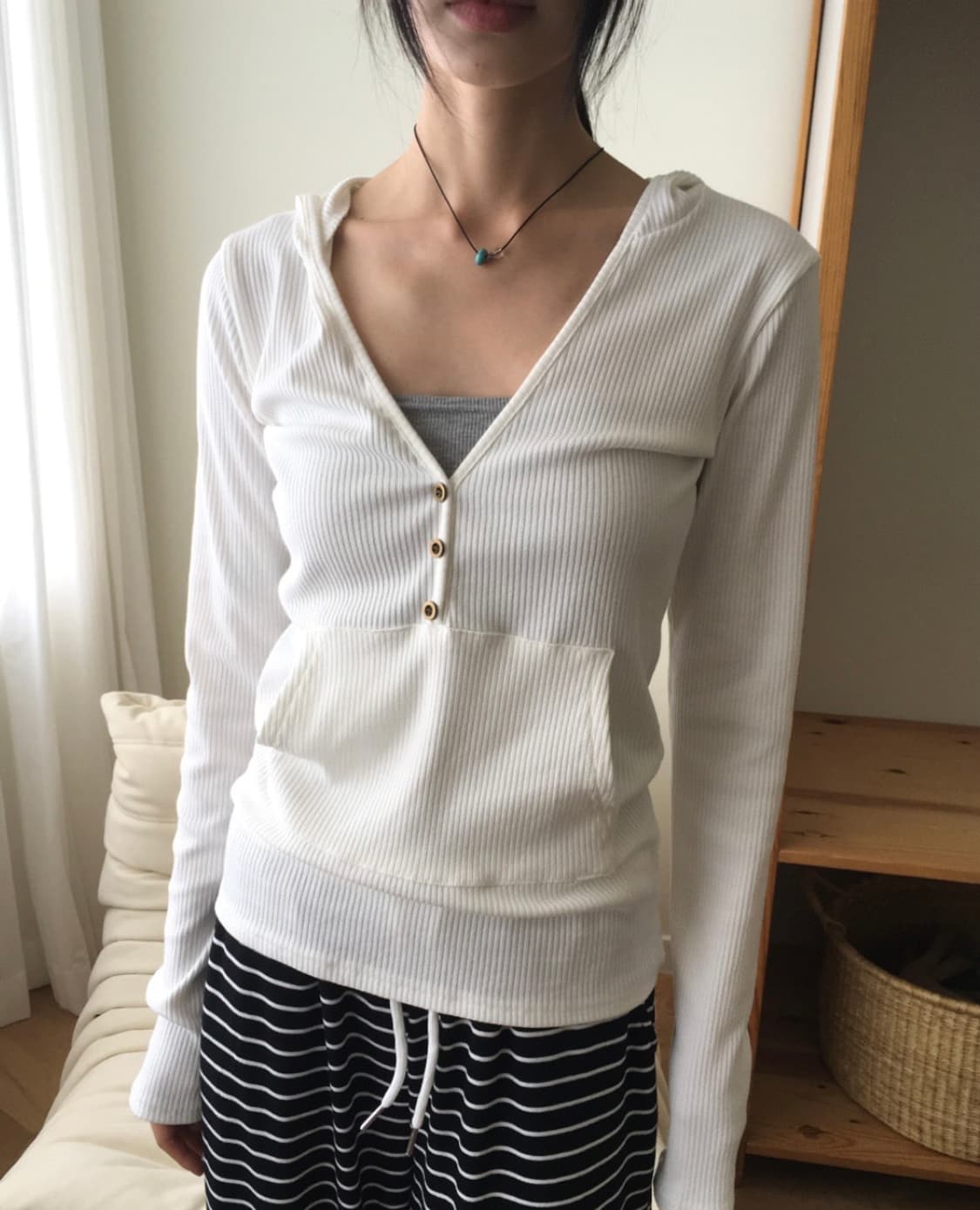 티벗 빈티지 버튼 브이넥 골지 후드 티셔츠  상품이미지1