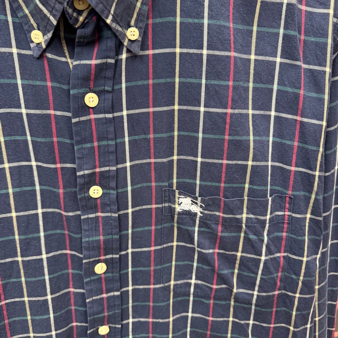90s 버버리 스트라이프 긴팔 셔츠 전면 원포켓 포인트 네이비 그레이 상품이미지5