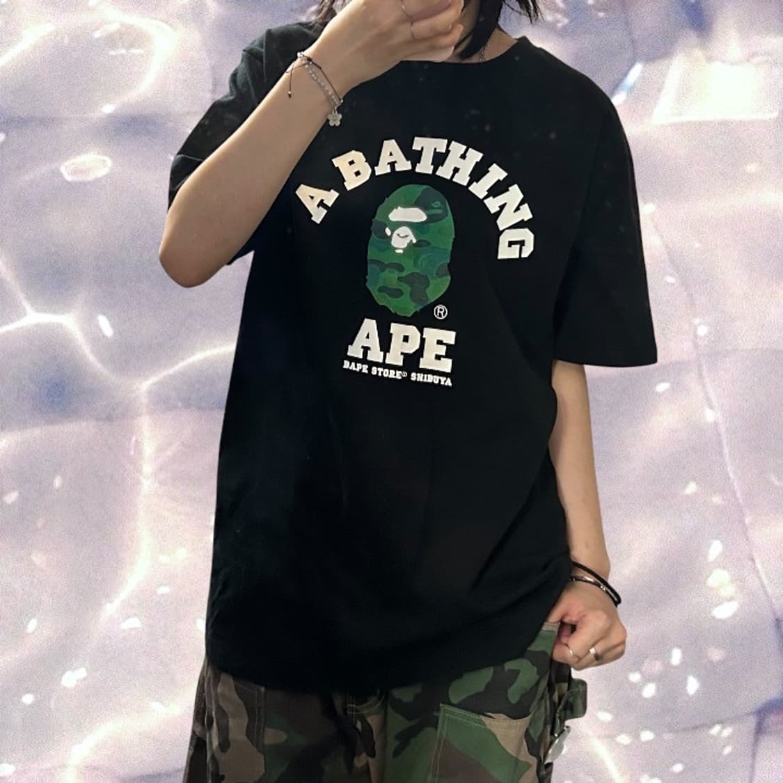 BAPE 베이프 퍼스트 카모 컬리지 반팔 티셔츠 블랙 그린 L 상품이미지3