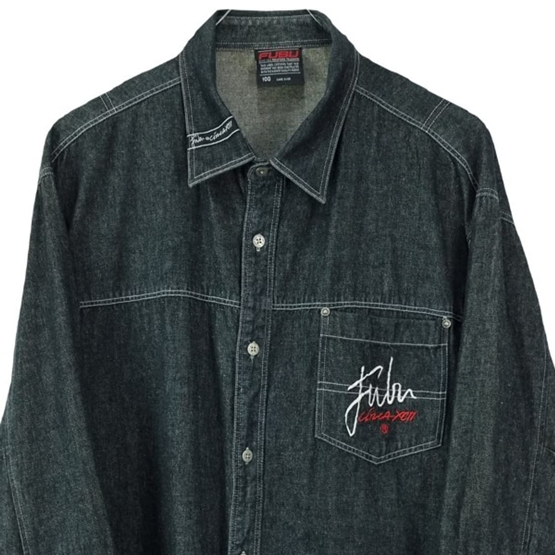 [푸부] 로고 자수 포켓 오버사이즈 올드스쿨 흑청 데님 셔츠 M19925 상품이미지4