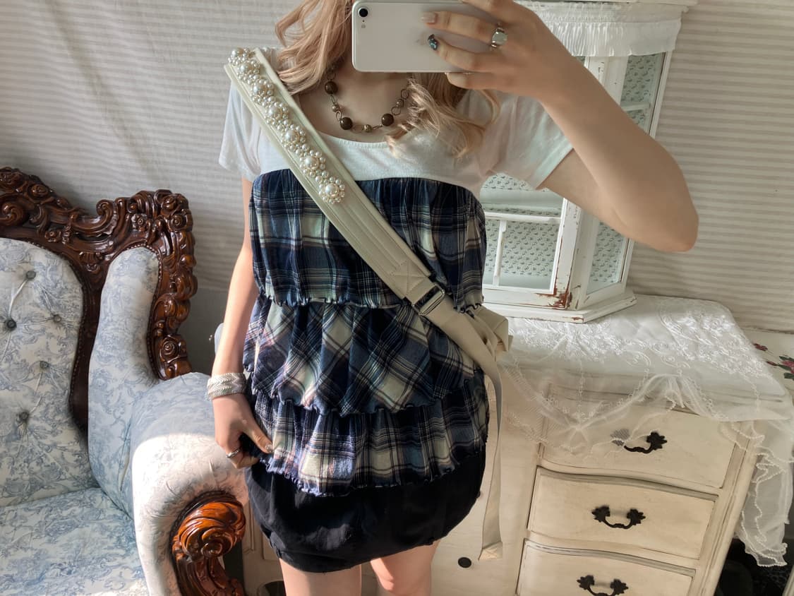 빈티지 블루 체크 캉캉 반팔 블라우스 상품이미지1