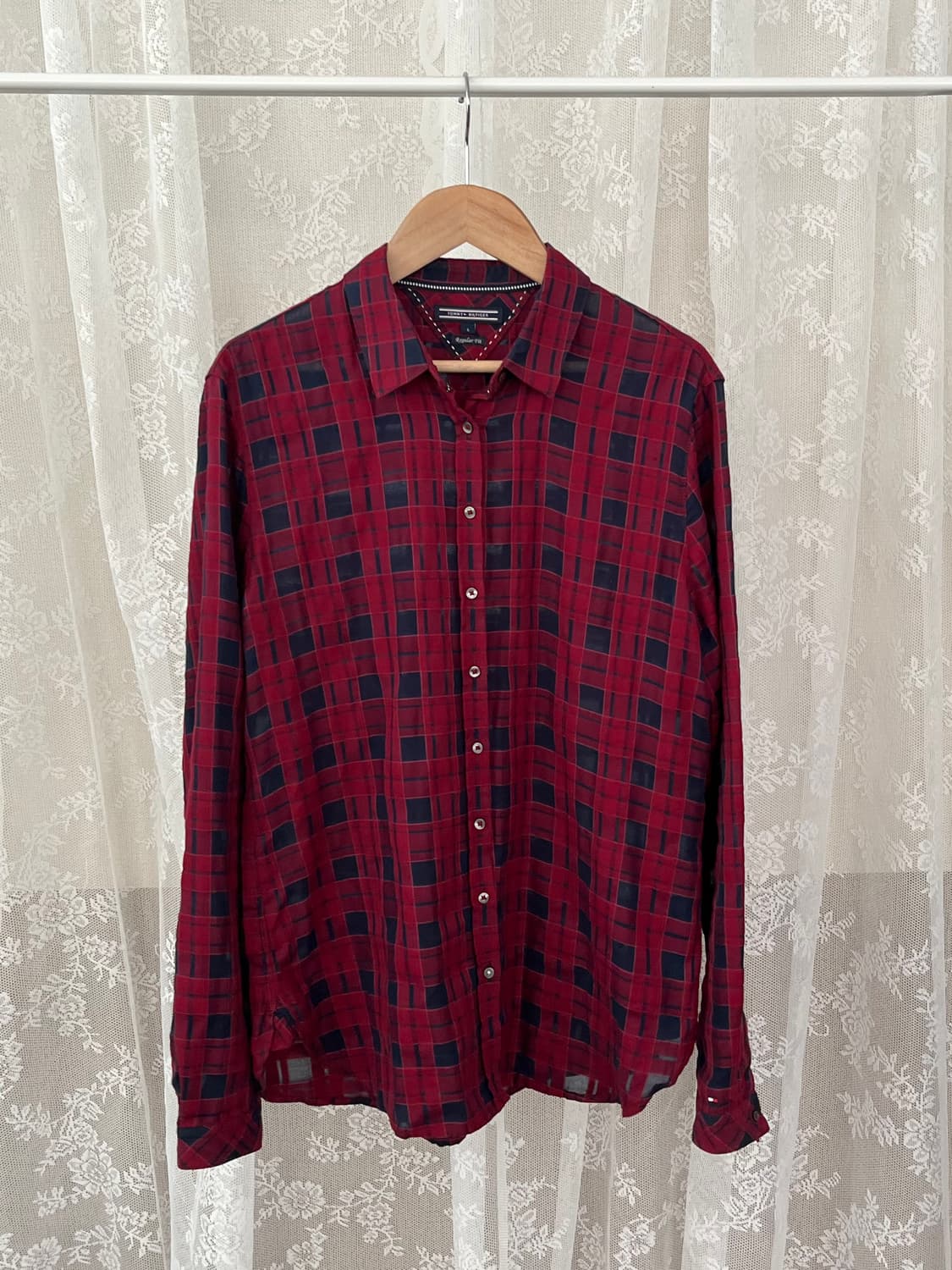 M) 타미힐피거 여성 레귤러핏 체크 셔츠 와인 상품이미지1