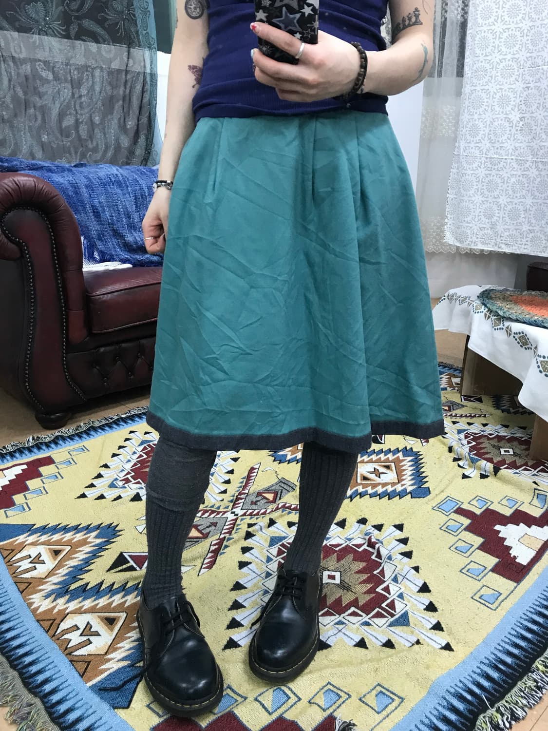 ANATELIER 빈티지 리본 민트 배색 미디스커트  상품이미지1