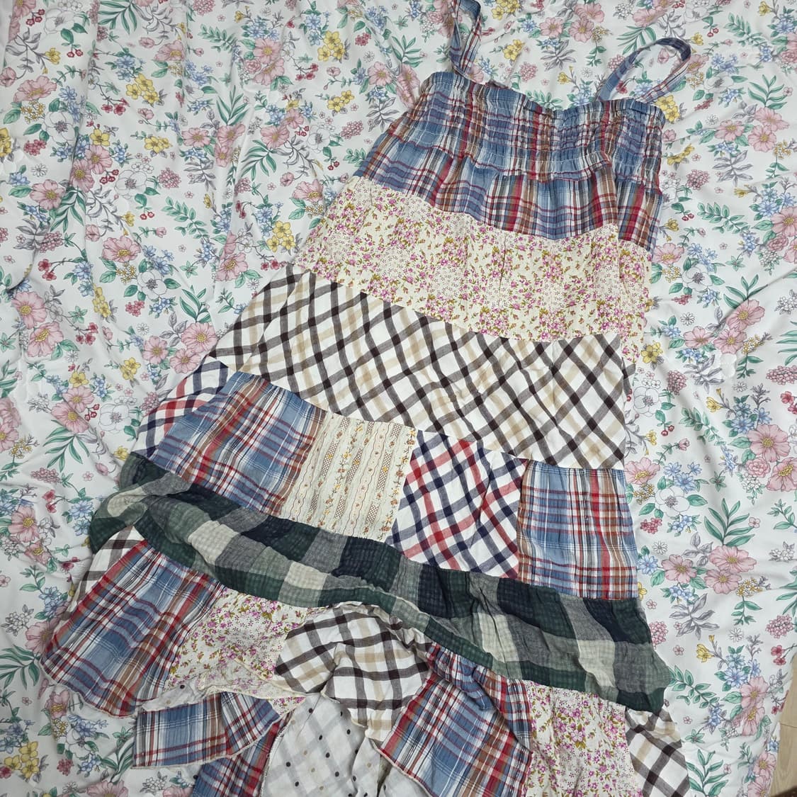 일본빈티지)하구미모리걸st 아오이유우 패치워크 체크 플로럴 롱원피스 상품이미지5