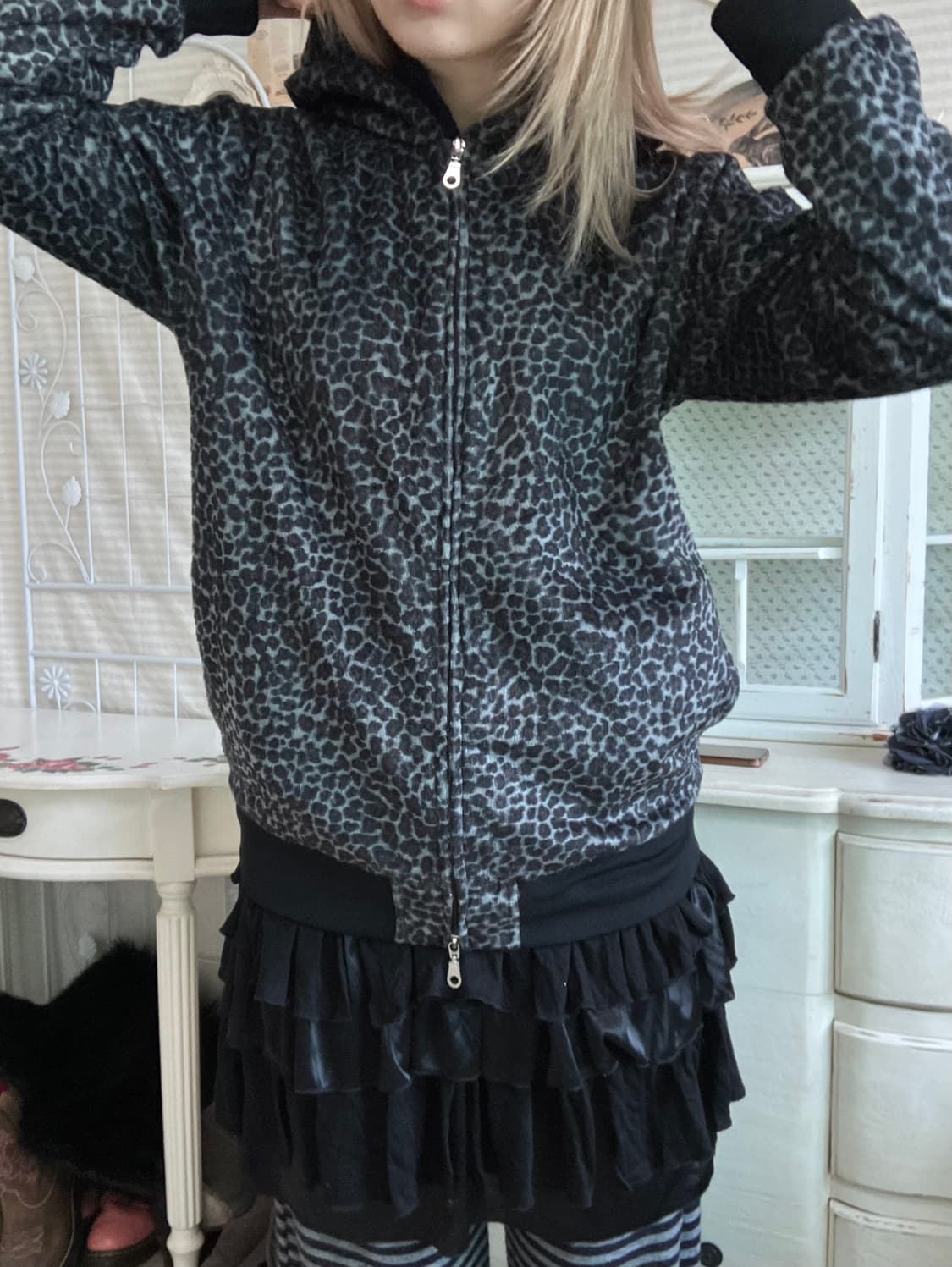 일본빈티지 차콜 레오파드 퍼 후드 집업 상품이미지5
