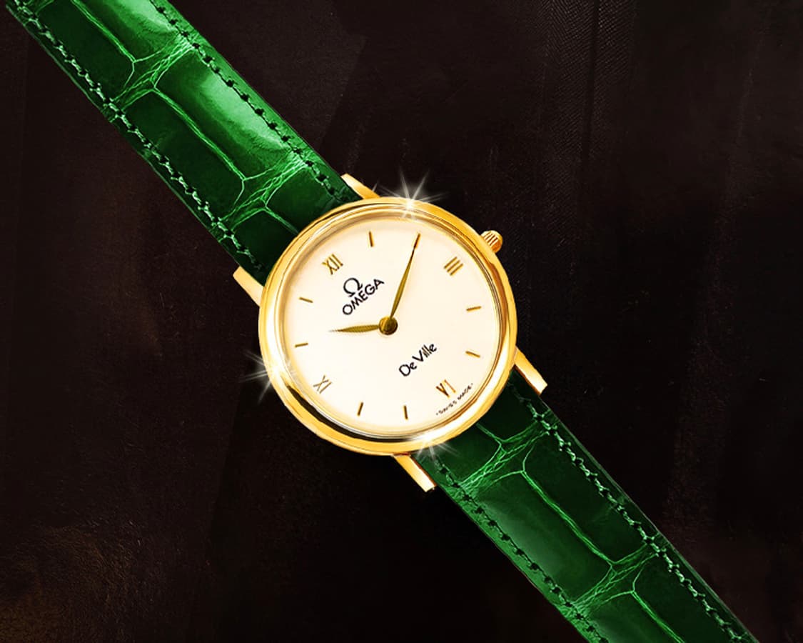 오메가 드빌 희귀 화이트 아이보리 다이얼 여성 그린 악어 가죽 시계 상품이미지5