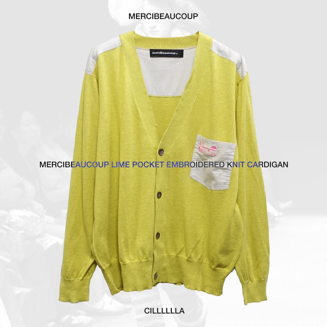 mercibeaucoup 메르시보꾸 라임 포켓 자수 니트 가디건 상품이미지1