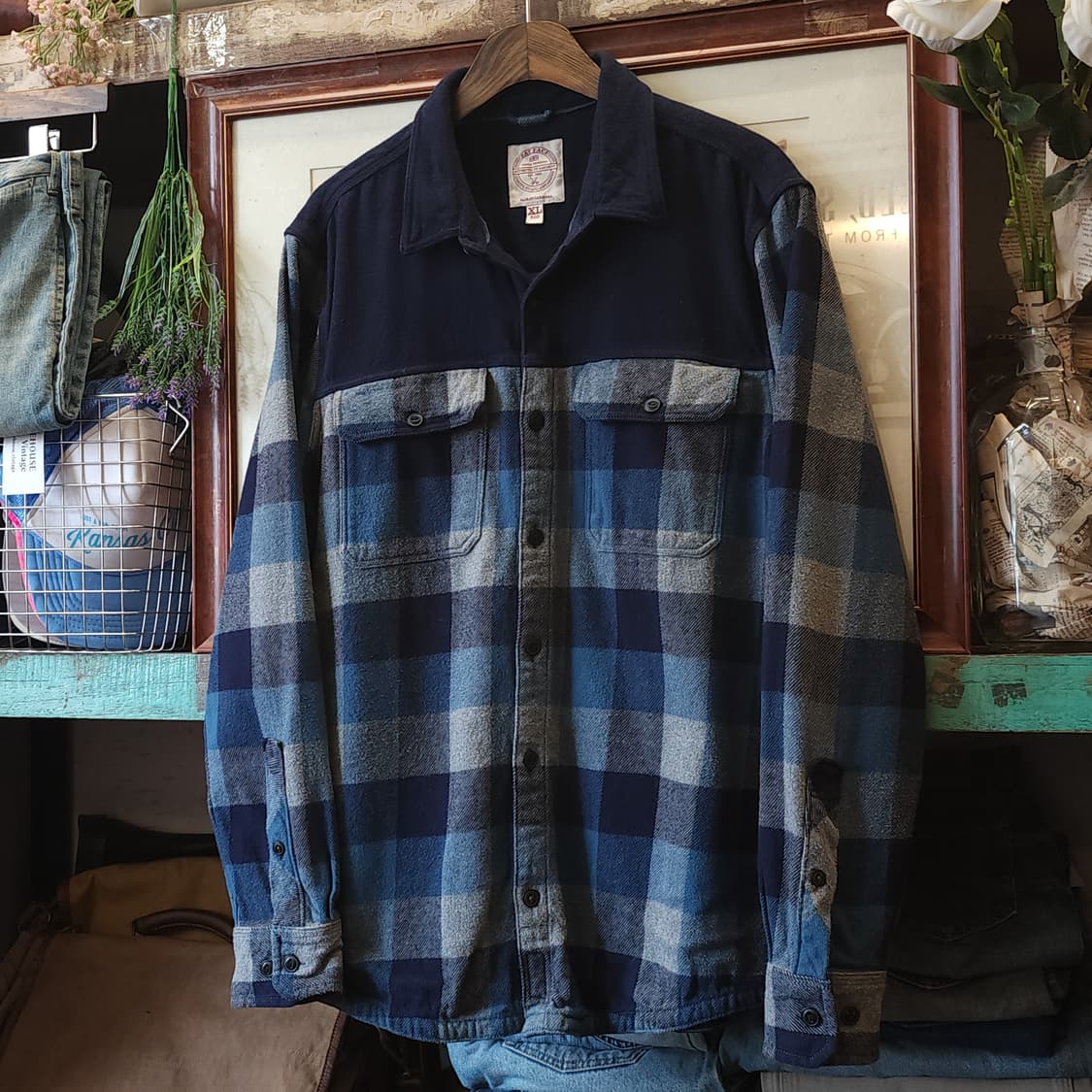 90s 아메리칸 빈티지 체크셔츠 헤비 플란넬 워크셔츠 블루 배색 xl 상품이미지2