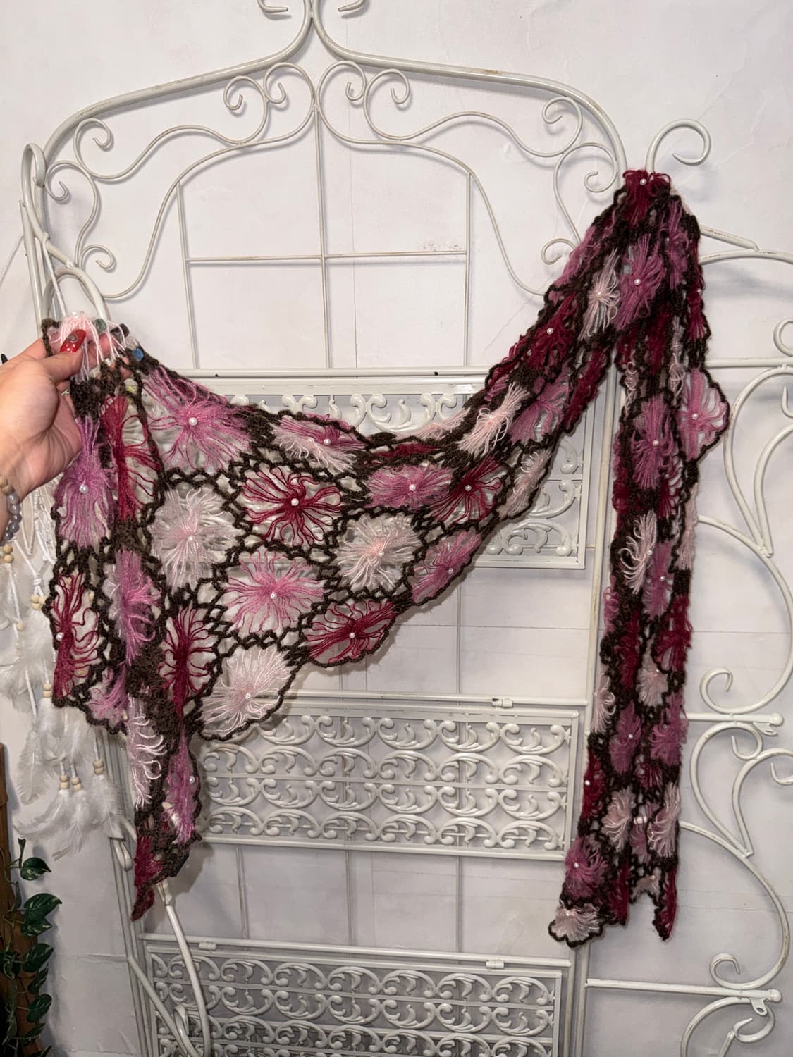 Pink brown bohemian flower crochet 머플러 상품이미지1