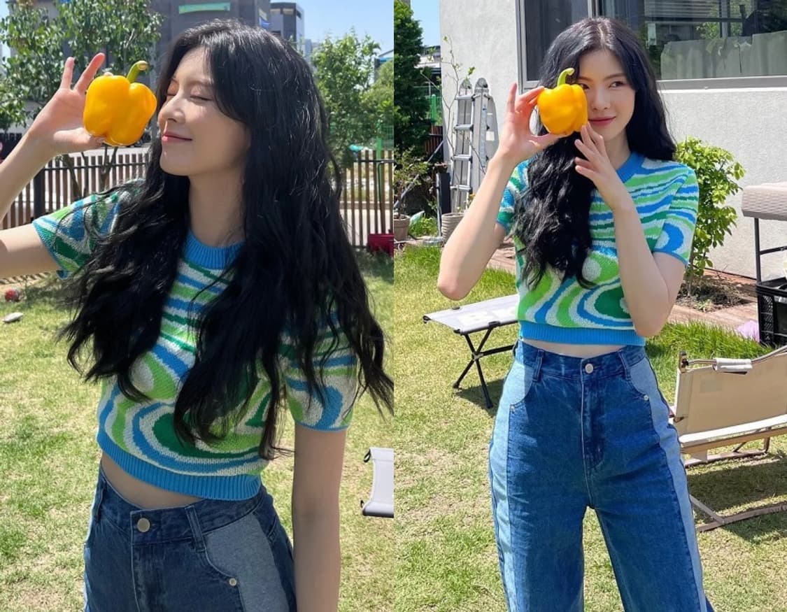 앤더슨벨 패턴 크롭 델라 자카드 반팔 니트 탑 XS 상품이미지1